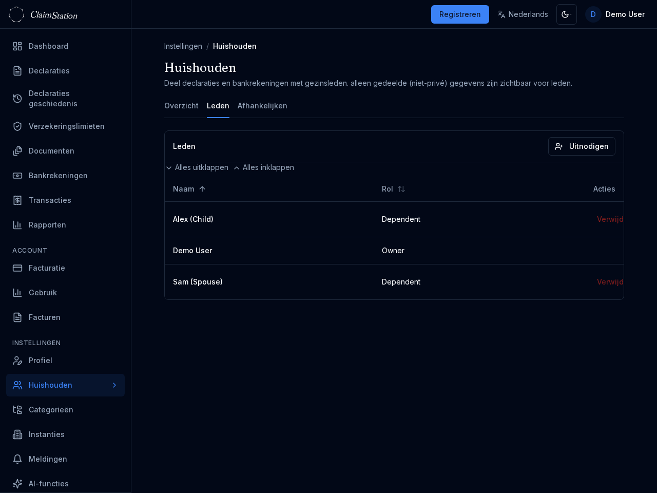 ClaimStation huishouden leden instellingen
